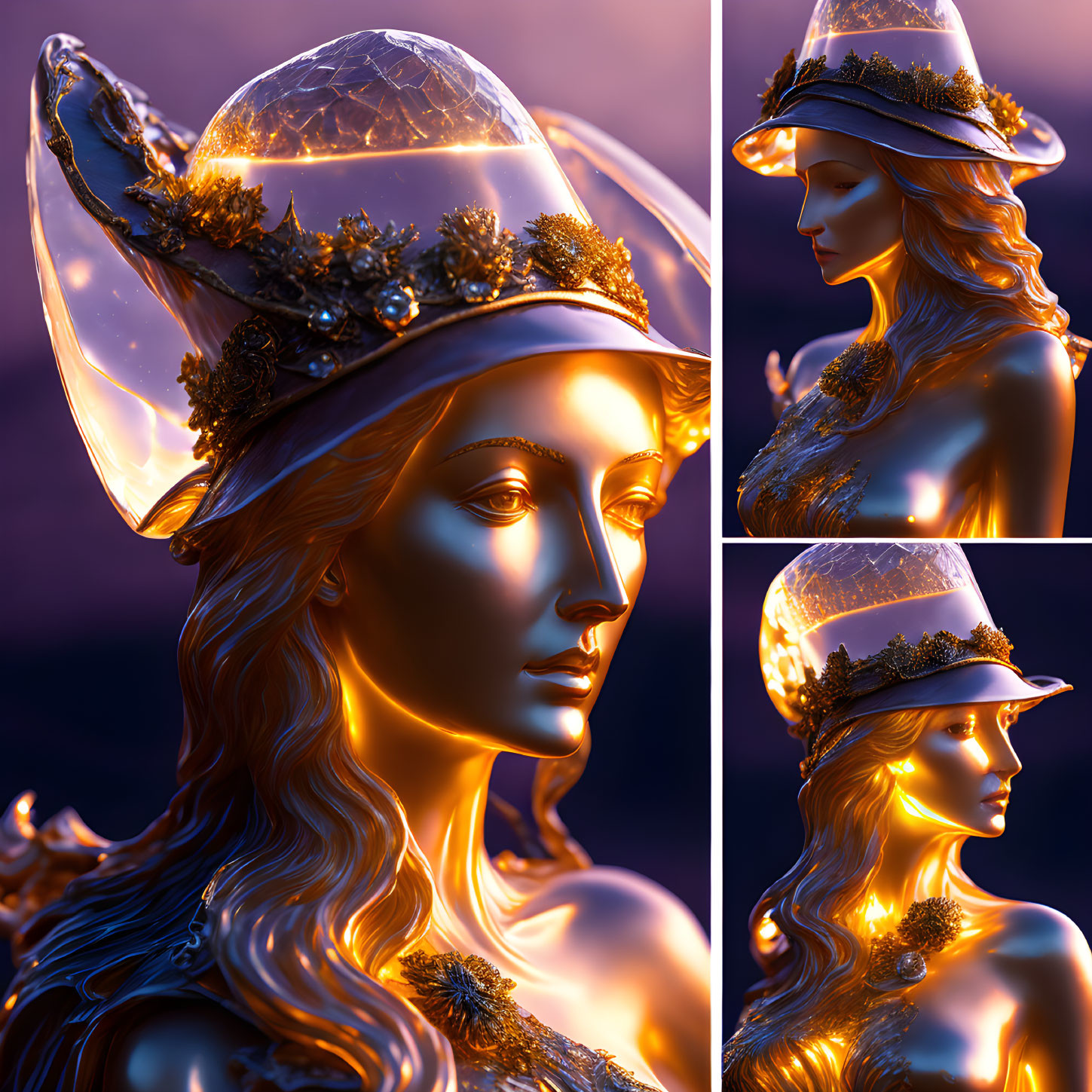 Composite Image: Gold Female Bust Sculpture with Illuminated Translucent Leaf Hat