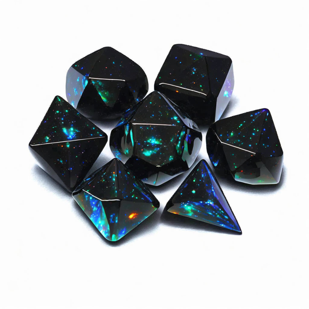 Black Polyhedral Dice Set with Cosmic Glitter Pattern on White Background