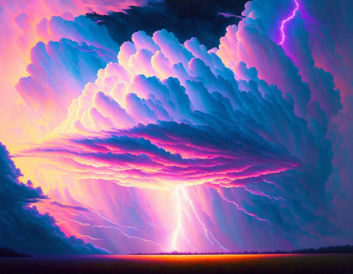 Dramatic pink and blue lightning storm under starry sky