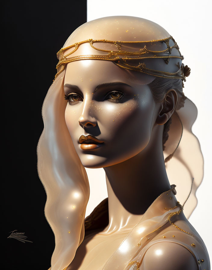 Mannequin portrait with golden head jewelry and sheer veil on dual background