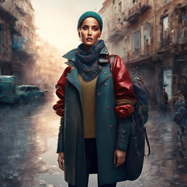 Stylish woman in teal beret and leather jacket in dystopian urban setting