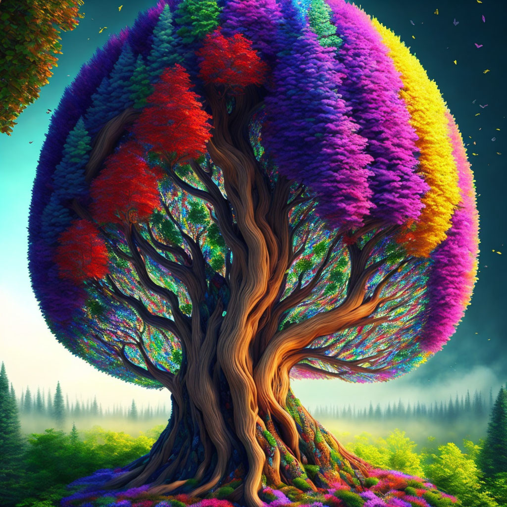 Colorful Rainbow Tree in Mystical Forest Setting