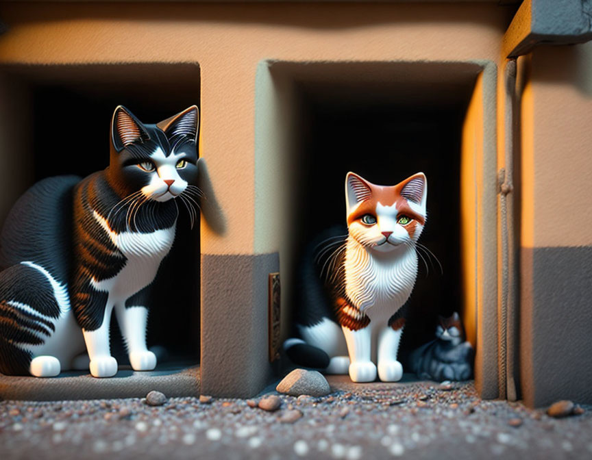 Stylized animated cats in cardboard boxes with warm lighting