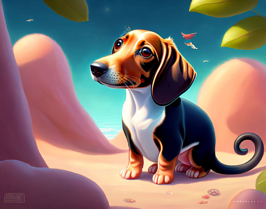 Stylized illustration of cute beagle puppy in serene nature setting