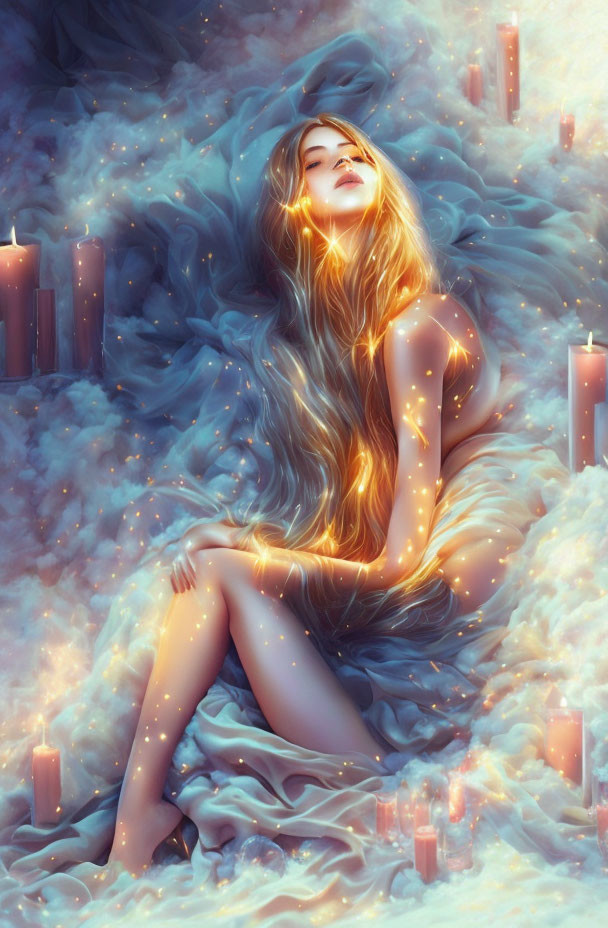 Woman sitting surrounded by glowing candles and soft blue fabrics with magical luminescence.