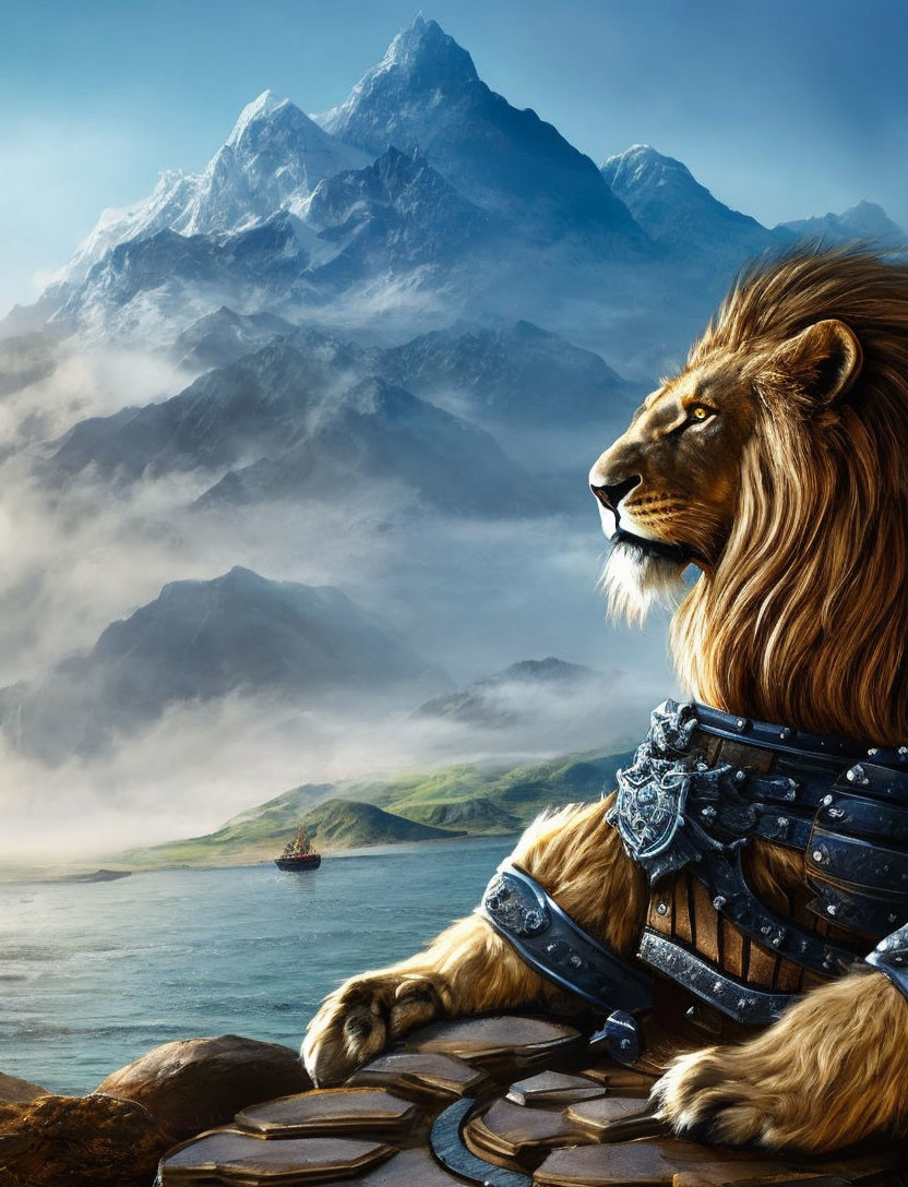 Majestic lion in armor overlooking misty landscape with ship at sea