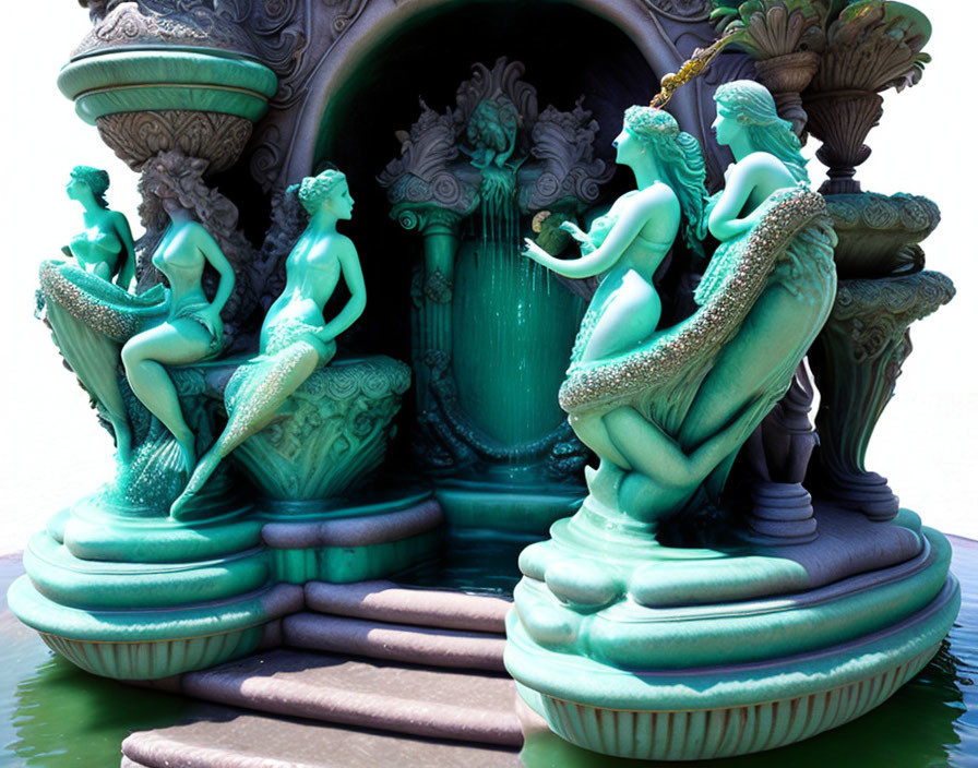 Colorful mermaid fountain with teal and green statues and aquatic ornaments