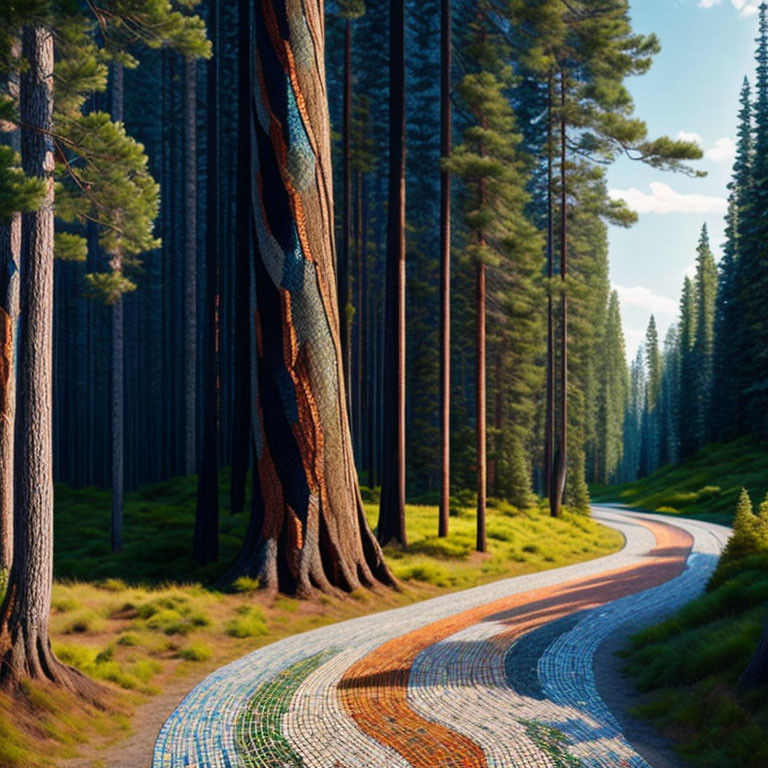 Curving Mosaic Path in Pine Forest with Sunlight Filtering