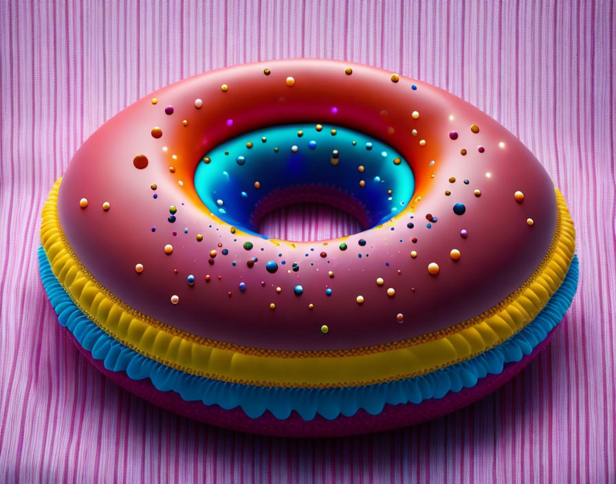 Vibrant Donut-Shaped Inflatable Swim Ring on Pink Surface