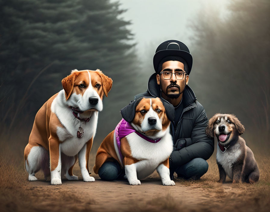 Man with three dogs in misty forest: 2 Beagles, 1 fluffy breed