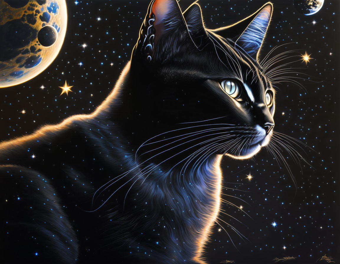 Majestic black cat digital artwork against starry space backdrop