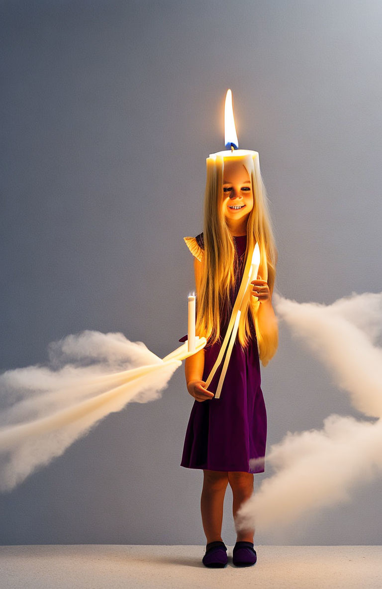 Girl in Purple Dress with Oversized Matches and Smiley Face Flame