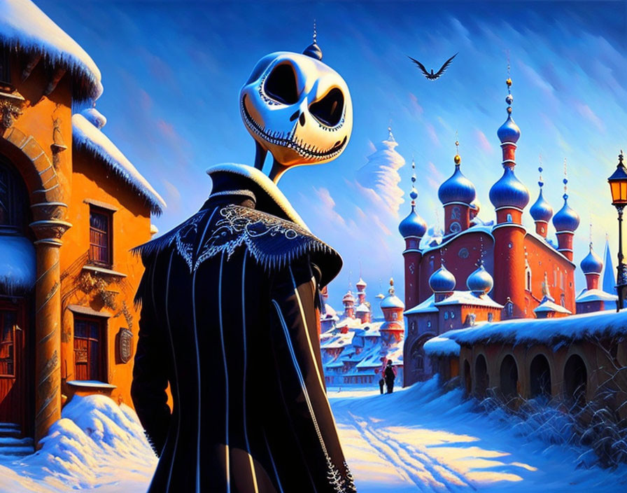 Pumpkin-headed character in suit in snowy Russian scene