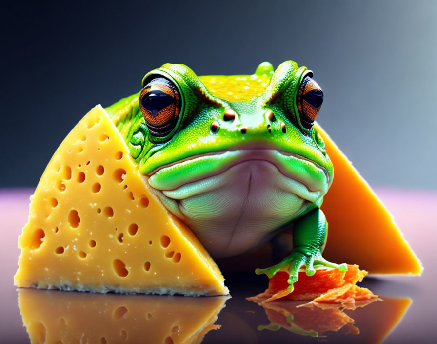 Green Frog on Swiss Cheese Reflecting on Dark Background