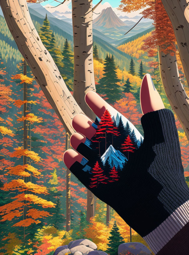 Hand in Pine Tree Glove Touches Autumn Forest Scene