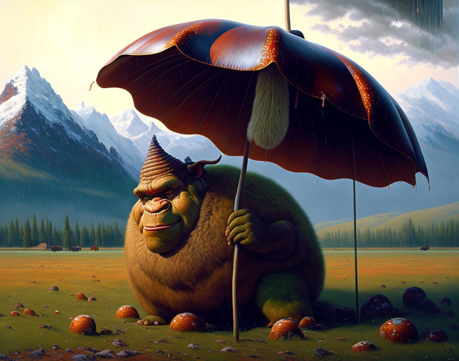 Fantastical troll-like creature under giant mushroom in rainy mountain landscape