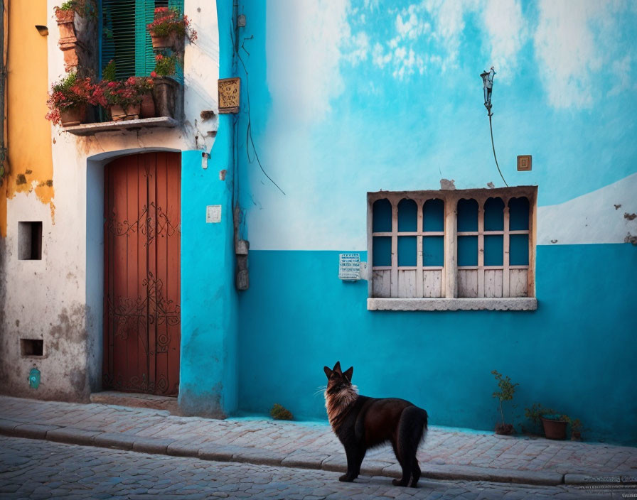 German Shepherd Dog in Colorful Alley with Blue Walls and Vintage Street Lamp