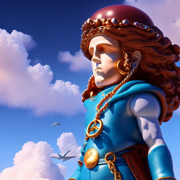 3D animated female character with red hair, blue cape, gold crown, cloudy sky, distant airplane