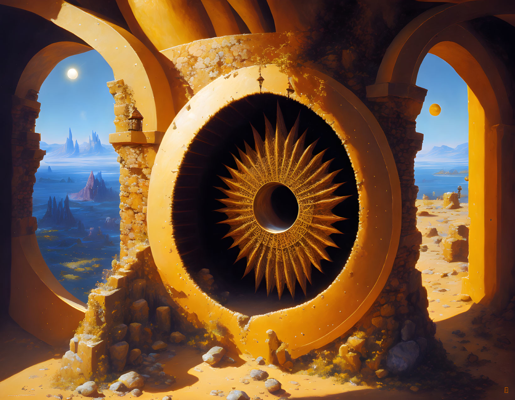 Sunlit circular structure with wheel-like center in desert ruins under dual-mooned sky