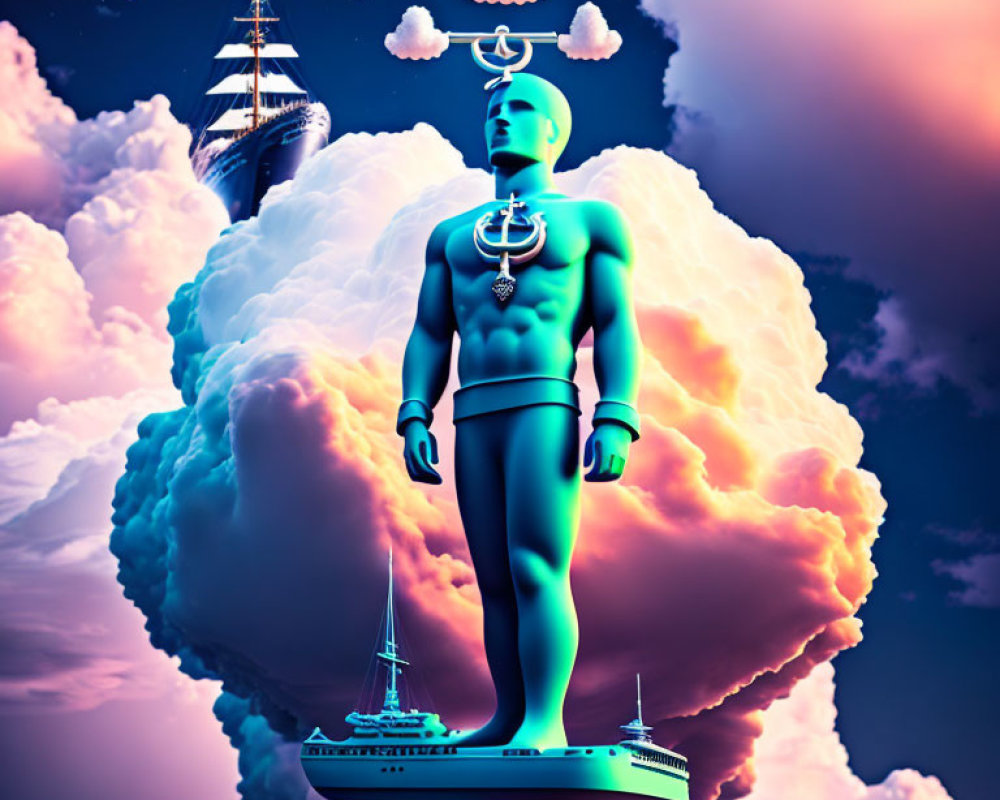 Blue mannequin on ship with cloud shoulders in moonlit sky