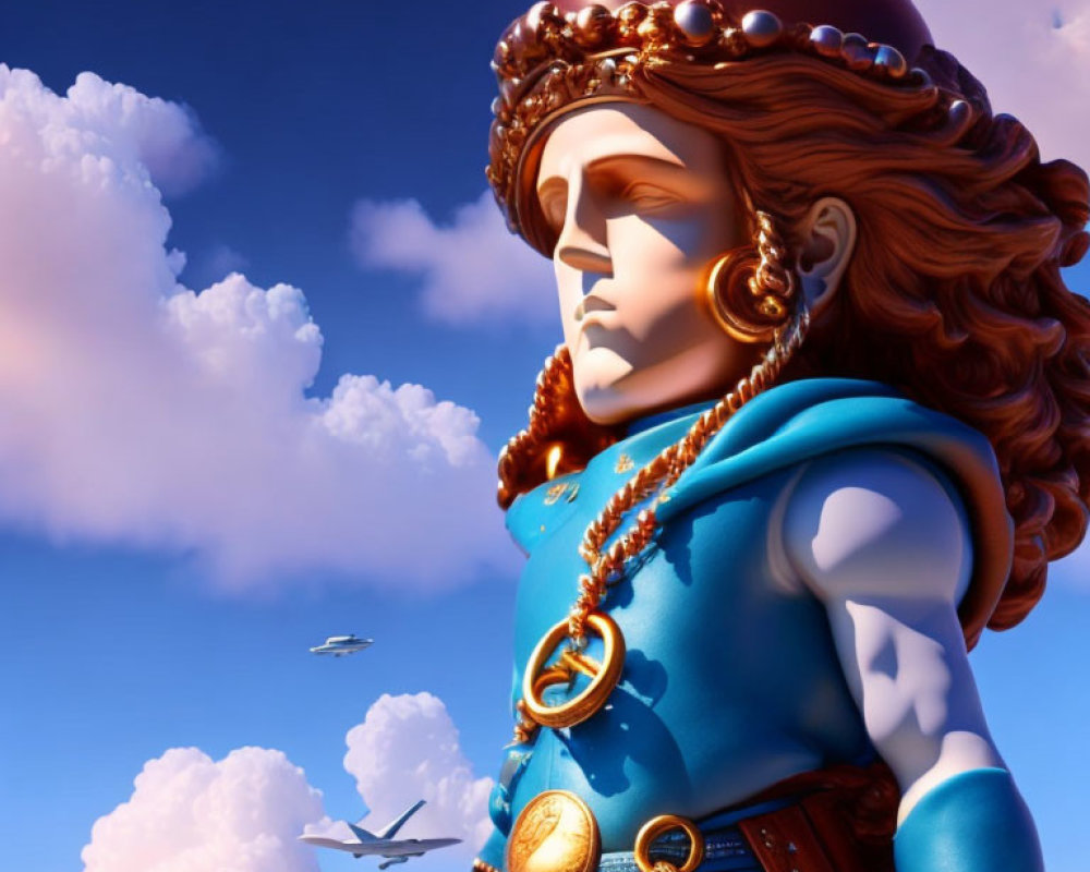 3D animated female character with red hair, blue cape, gold crown, cloudy sky, distant airplane