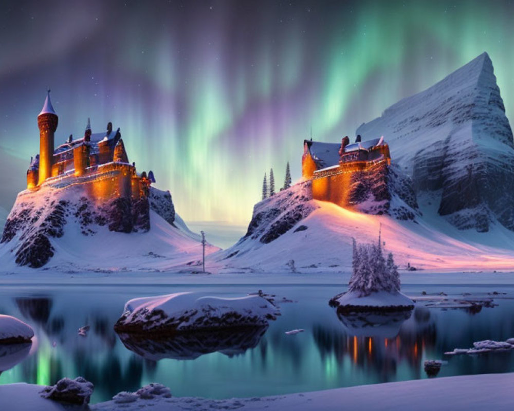 Majestic Castle Night View with Northern Lights