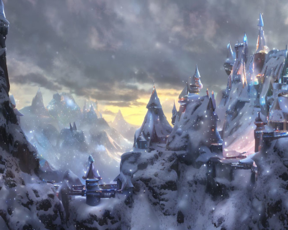 Snow-covered mountain peaks and illuminated castles in a panoramic fantasy landscape.