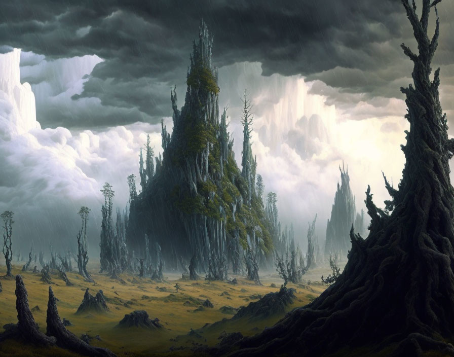 Mystical landscape with towering spire and dramatic sky