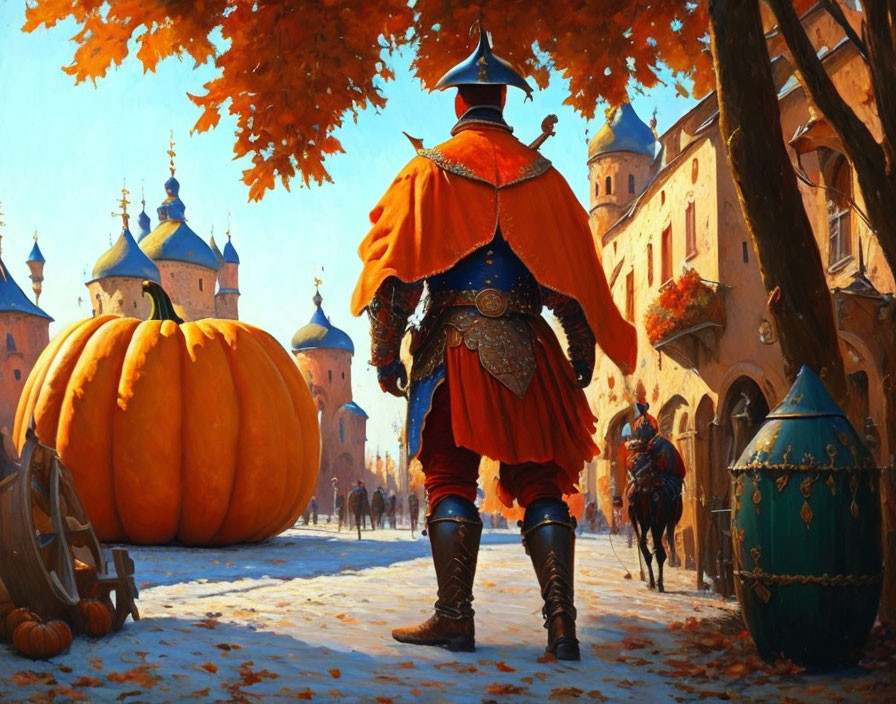 Medieval town square with knight in armor, pumpkins, townspeople, and horse in autumn scene