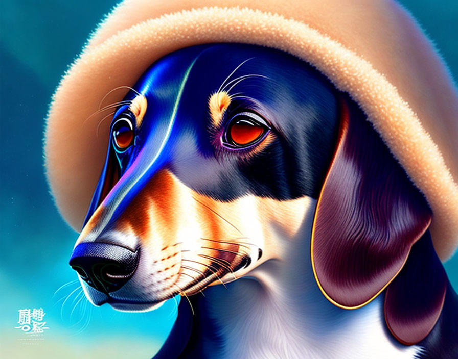 Colorful digital dachshund illustration with hat on blue background