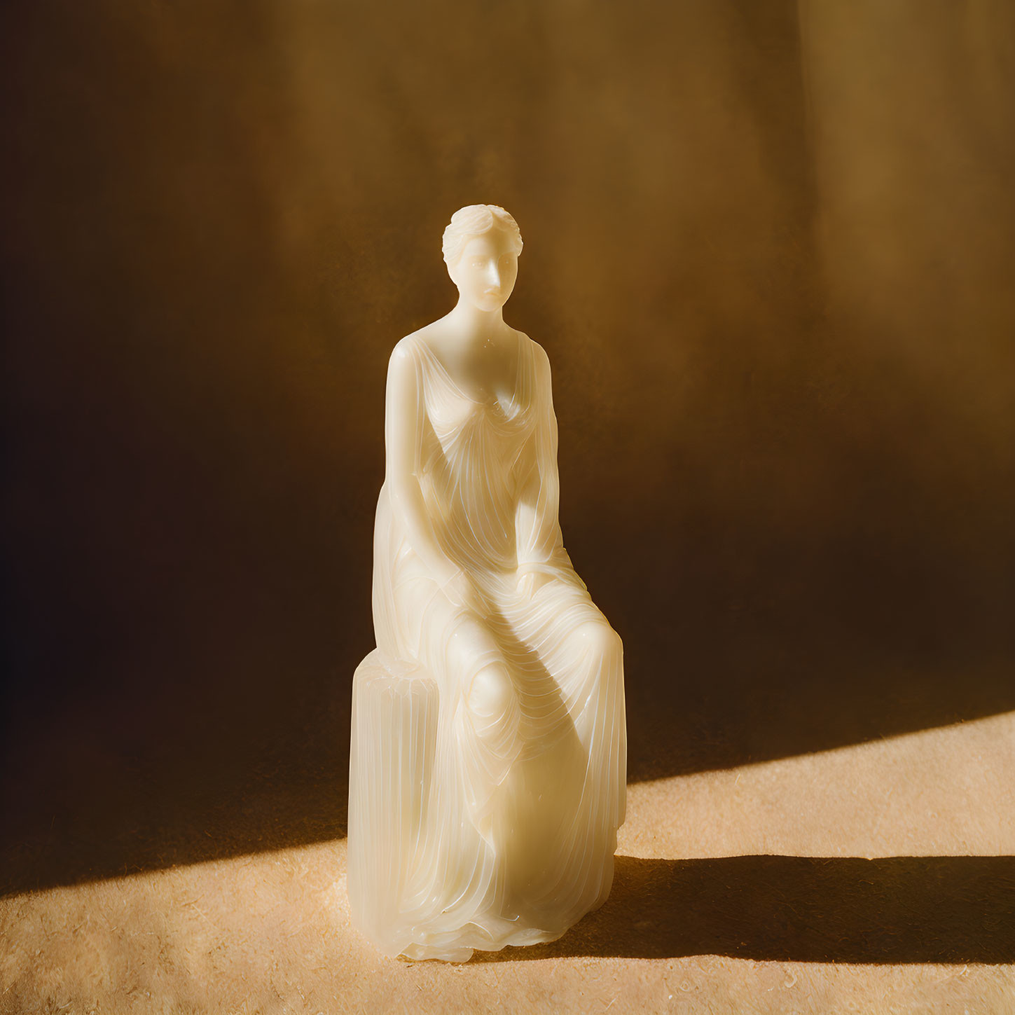 Translucent seated woman statue in warm glow on dark background