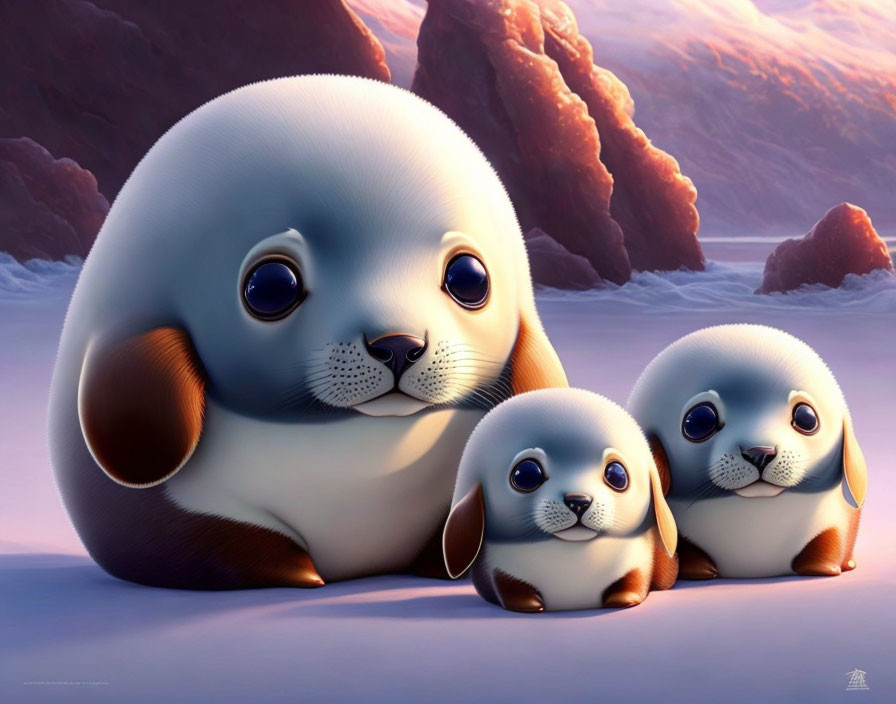 Three stylized cute seal pups on icy surface with expressive eyes and pink-purple sky.