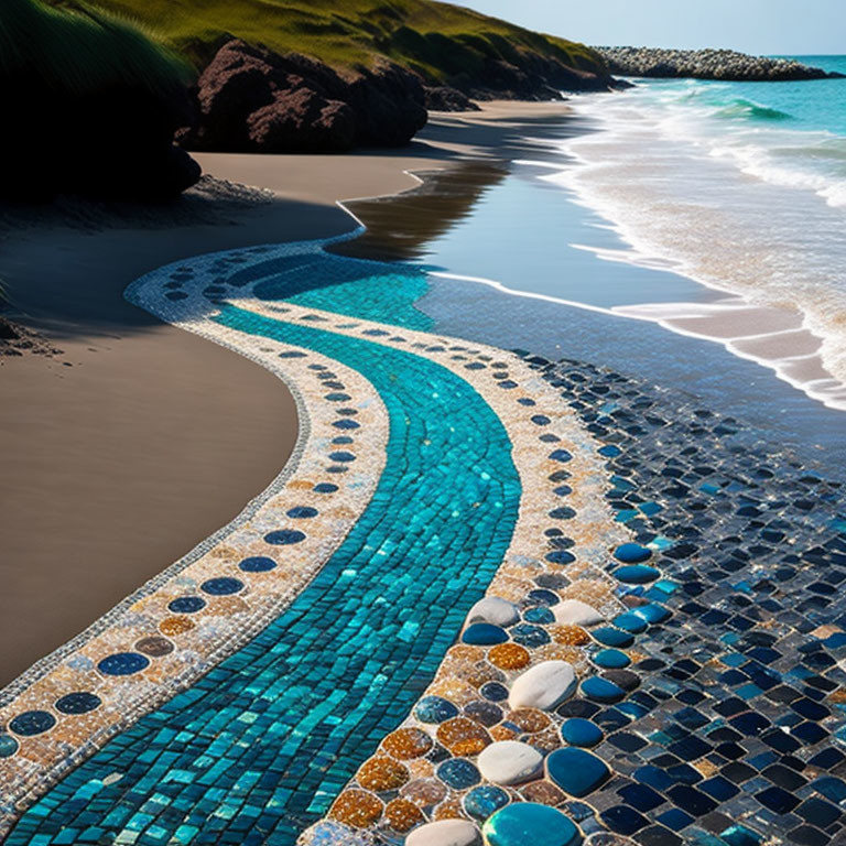 Blue and white mosaic pathway resembling a river leading to the sea on a sandy beach with green hills