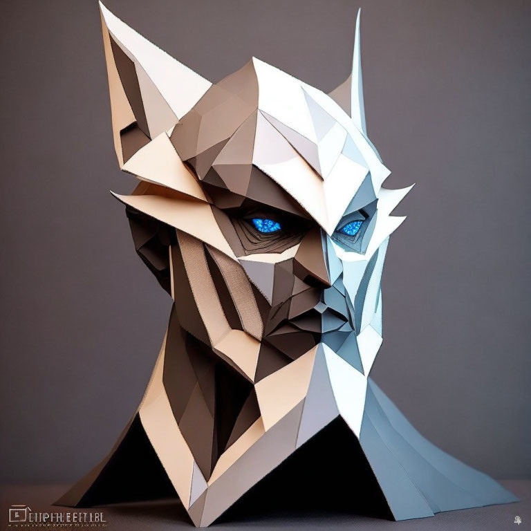 Intricate Origami Cat Head Sculpture with Geometric Facets