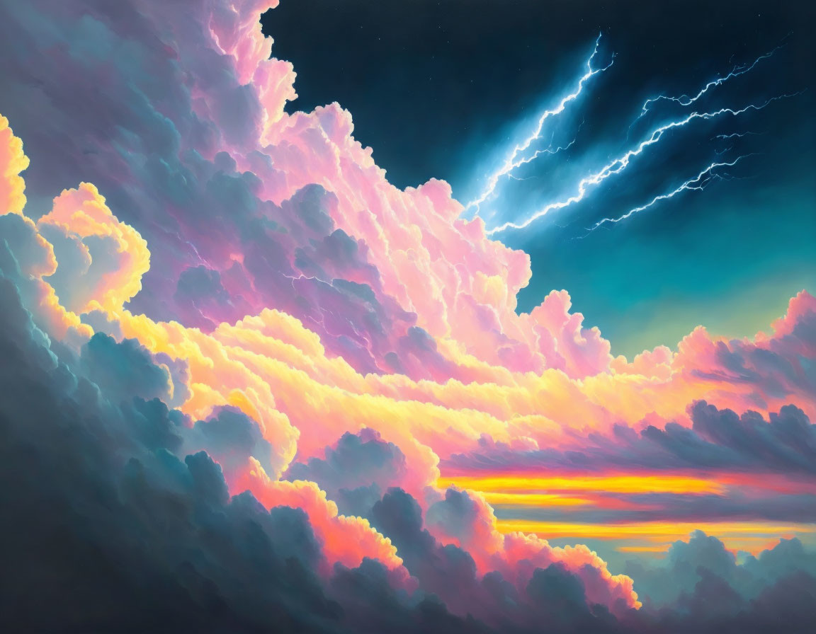 Colorful sky with pink and orange clouds, blue lightning streaks