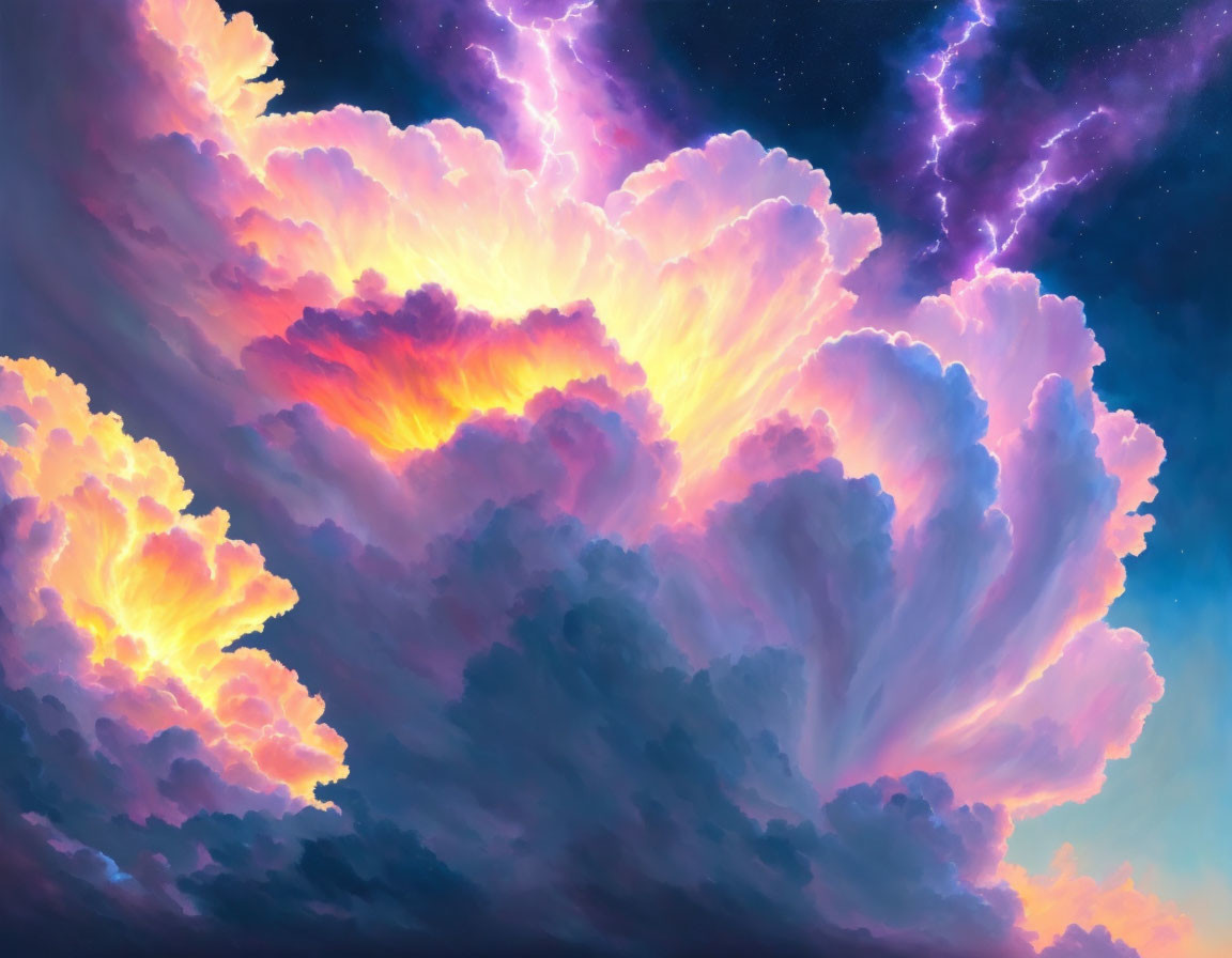 Colorful digital artwork: Dramatic sky with fluffy clouds in orange, pink, and purple hues,