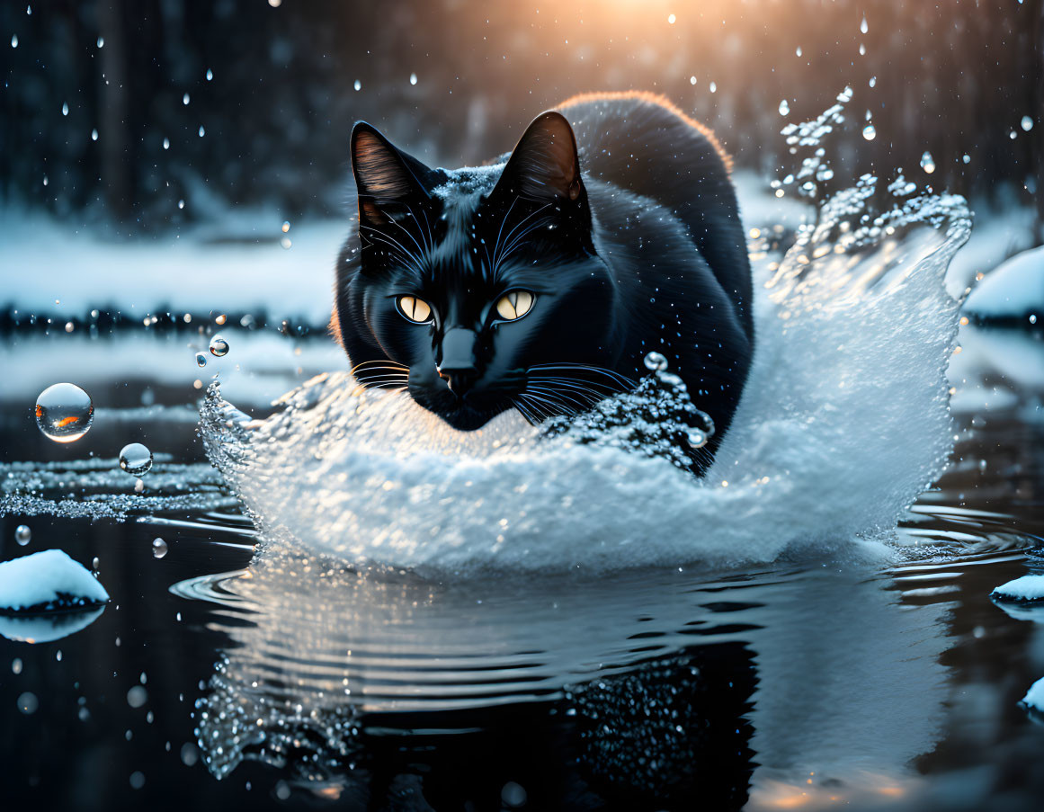 Black Cat with Yellow Eyes Crouching on Snowy Surface Near Water