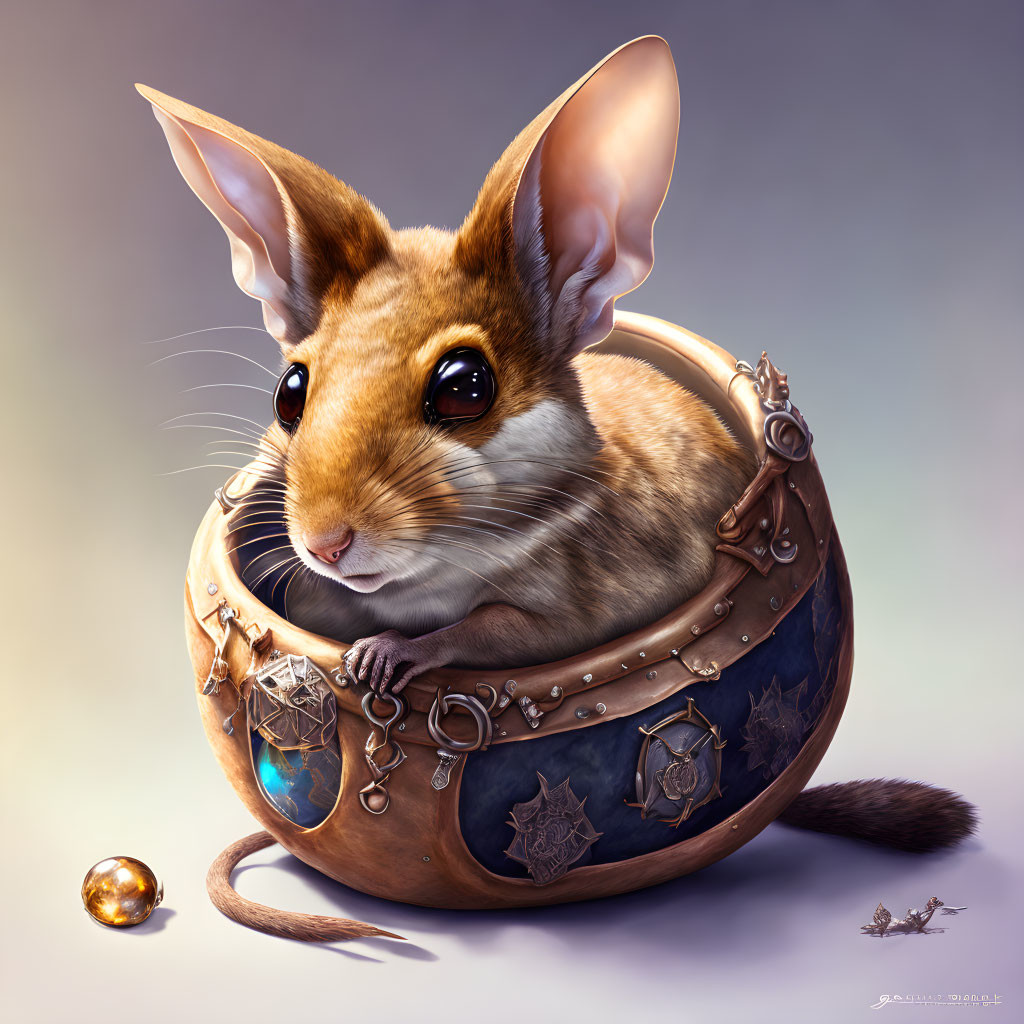 Anthropomorphic mouse illustration in ornate spherical vessel