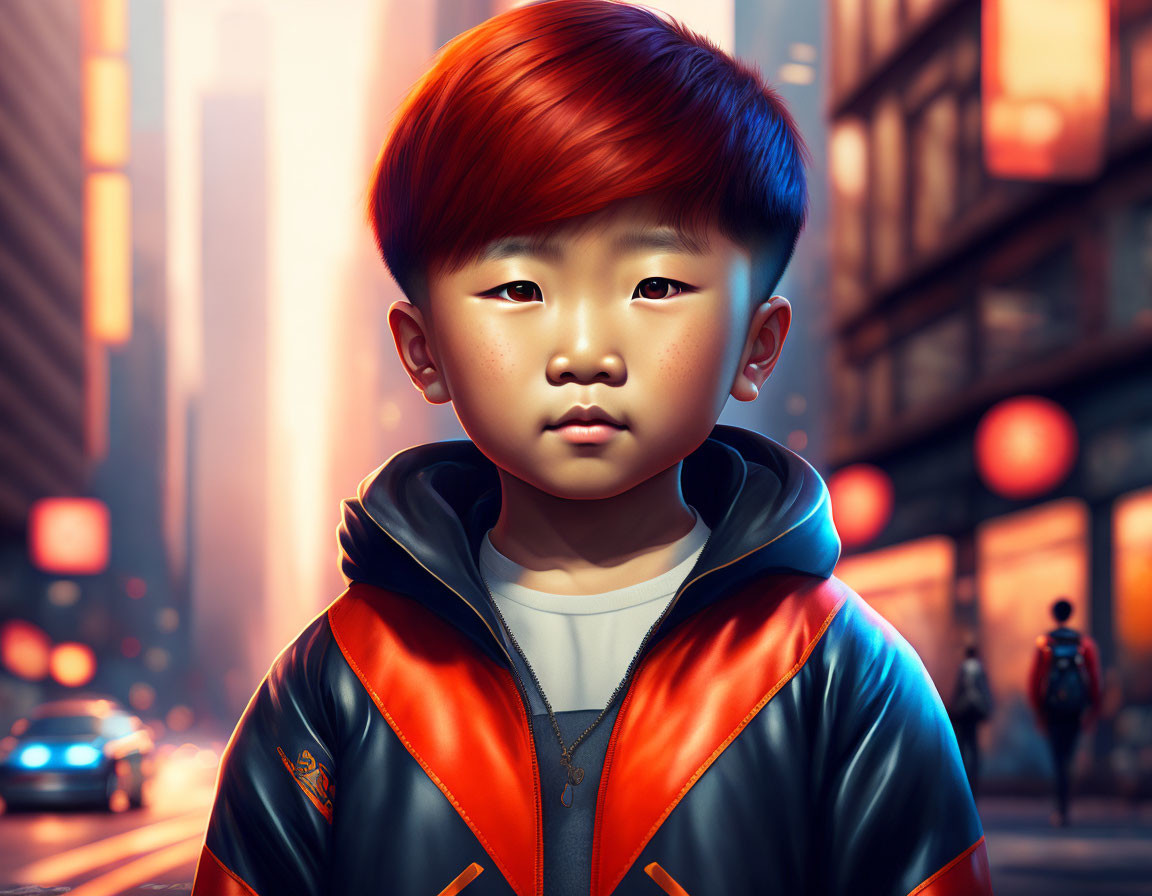 Digital artwork: Young child with red hair in two-tone jacket against urban backdrop.