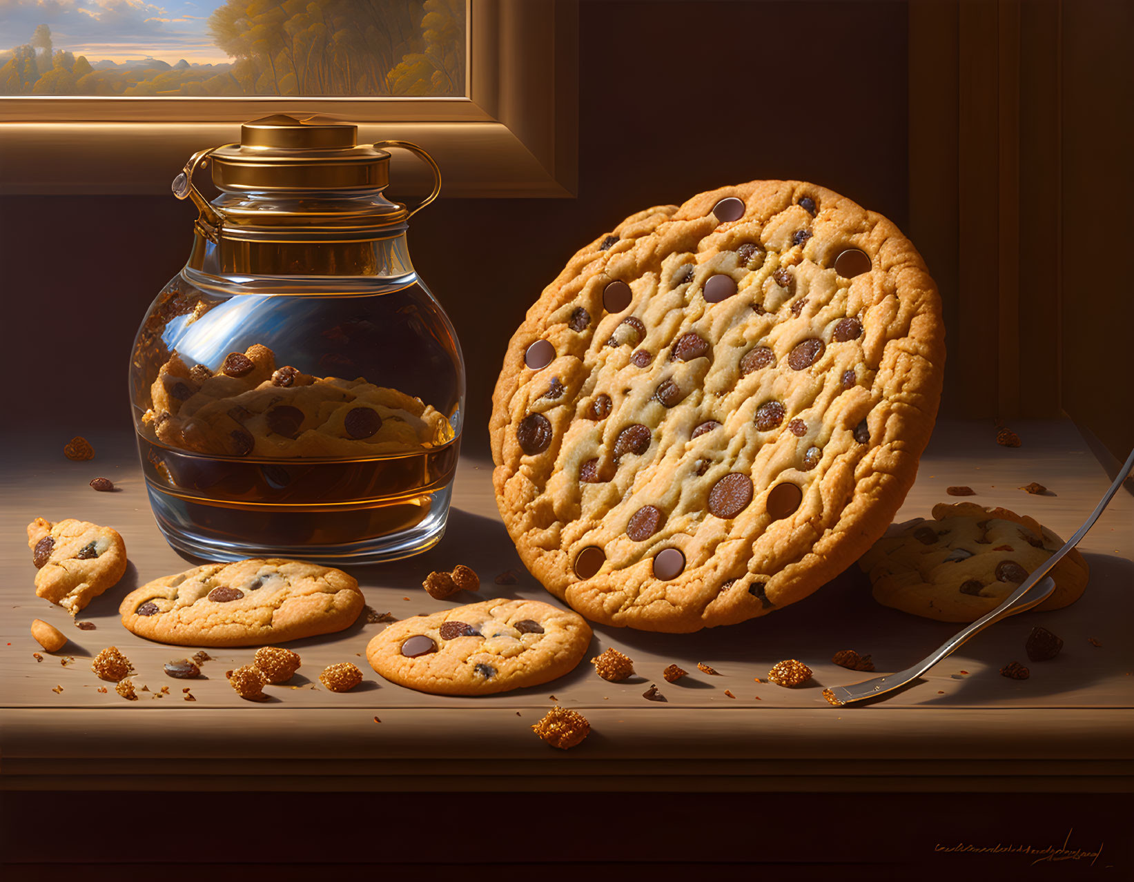 Detailed chocolate chip cookie with milk and knife on wooden surface