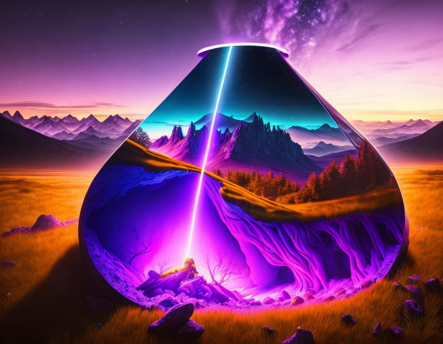 Surreal landscape in hourglass: mountain night scene to sunlit field under vibrant sky