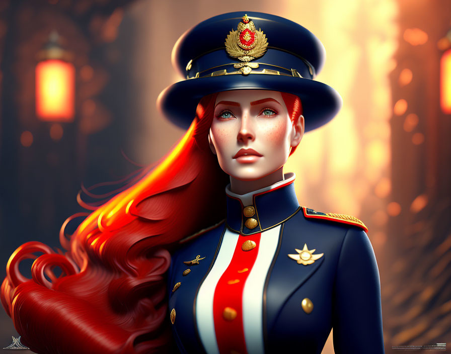 Portrait of Woman with Fiery Red Hair in Military Uniform and Cap