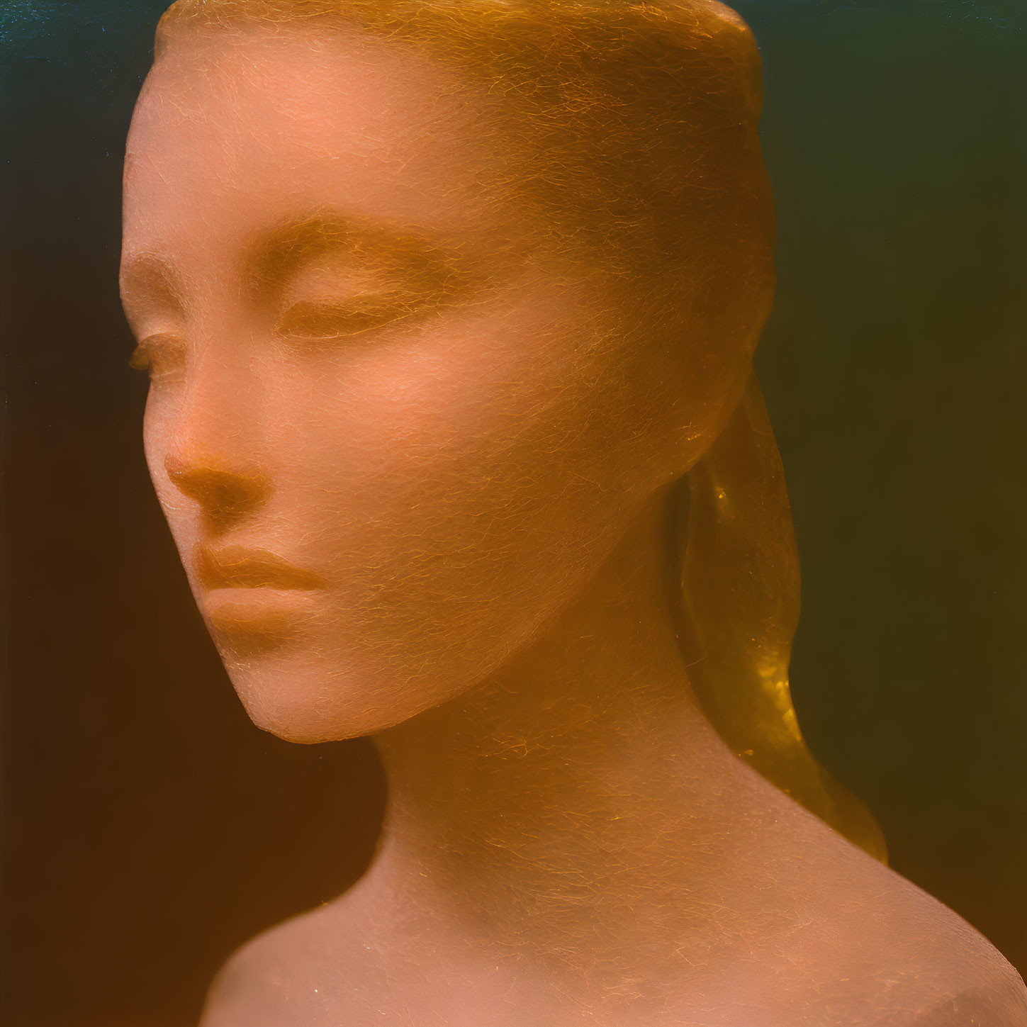 Golden-hued statue with serene expression on gradient brown background