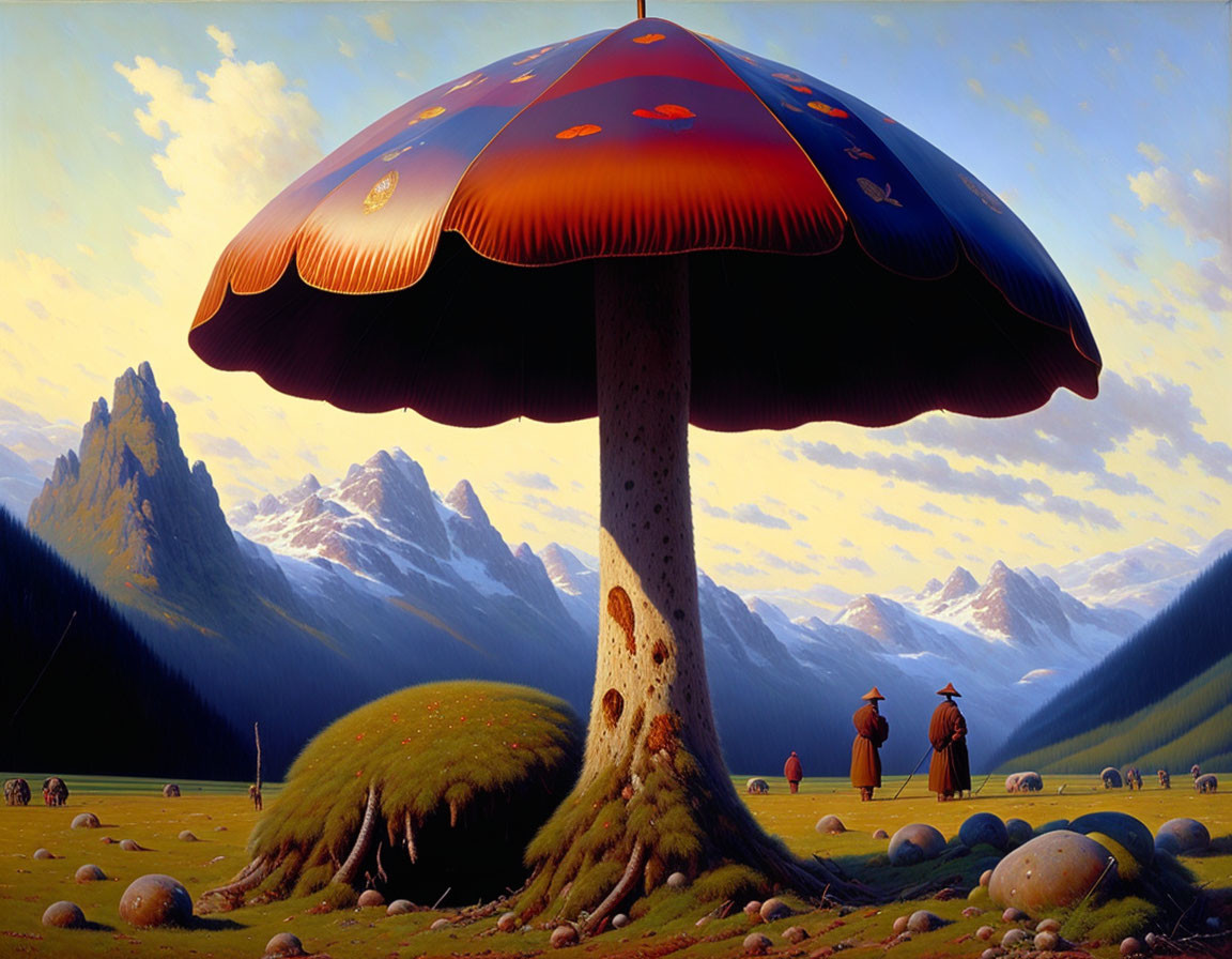 Giant Mushroom Dominates Mountain Landscape with Small Figures