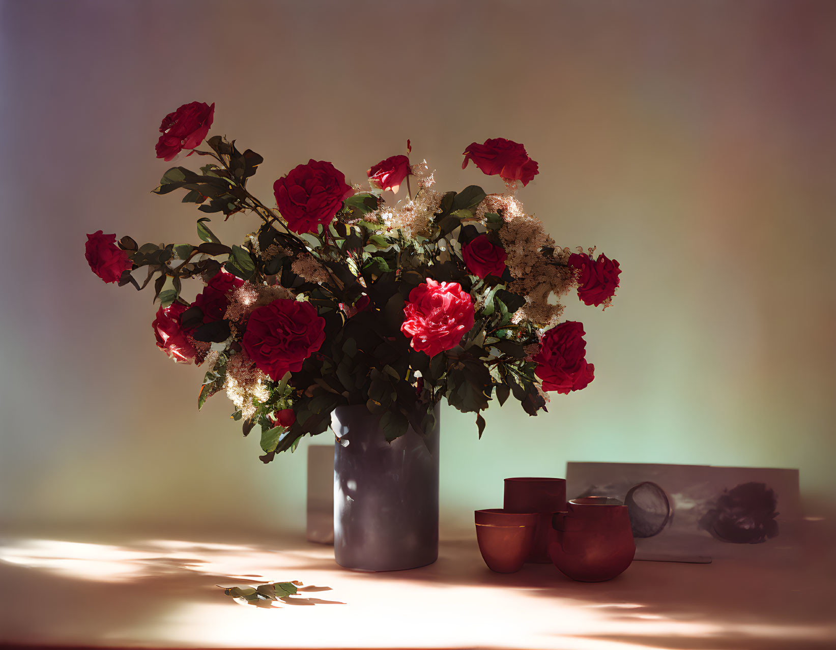 Red and white flowers in vase with postcard and magnifying glass on table