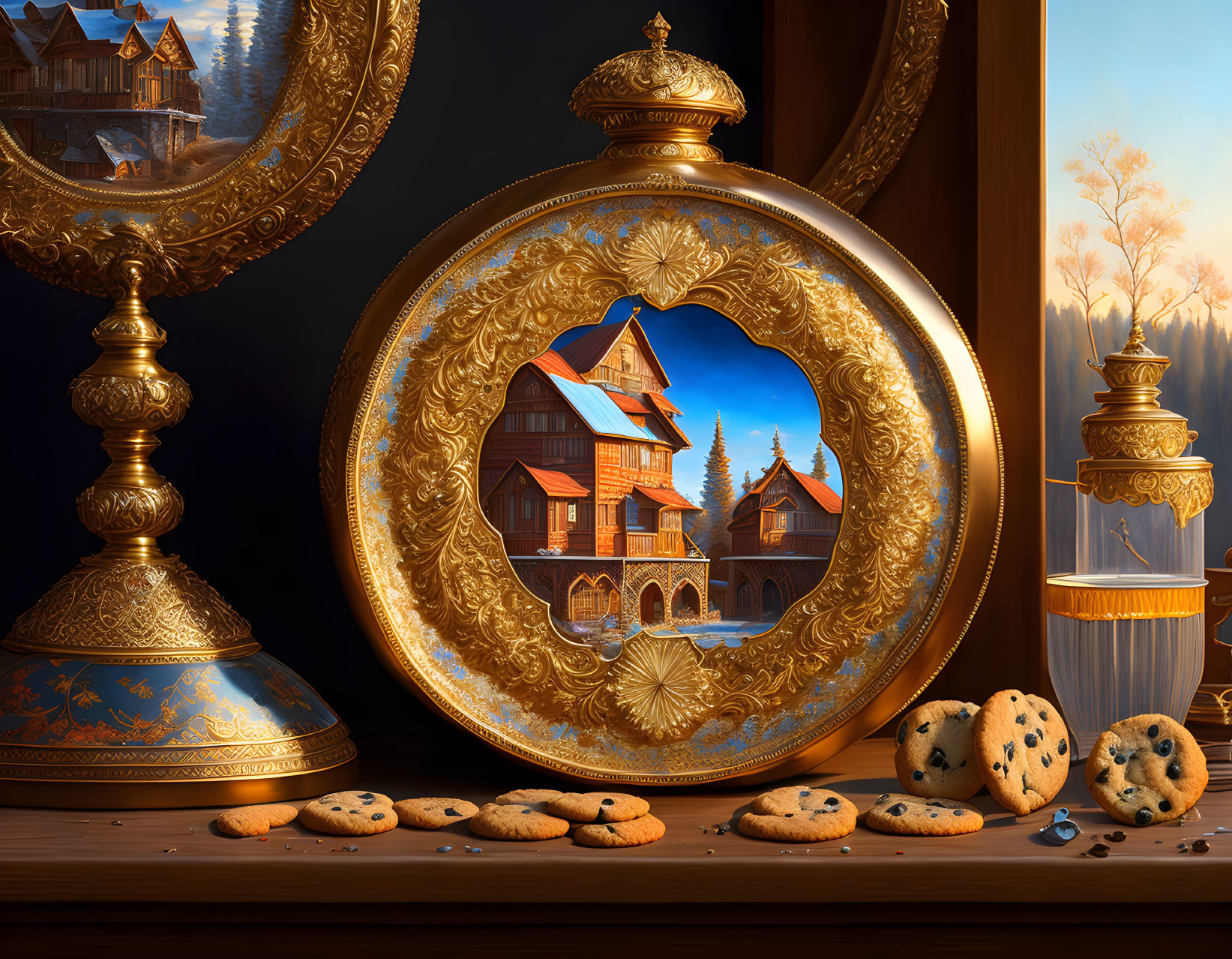 Victorian house and mirror in surreal painting with wintry landscape and cookies