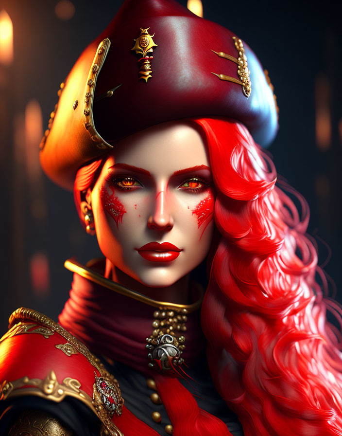 Digital portrait of woman with red hair in military uniform and tricorn hat