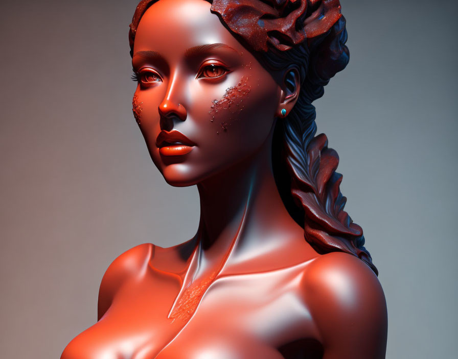 3D rendering of woman with glossy metallic skin and braided hair