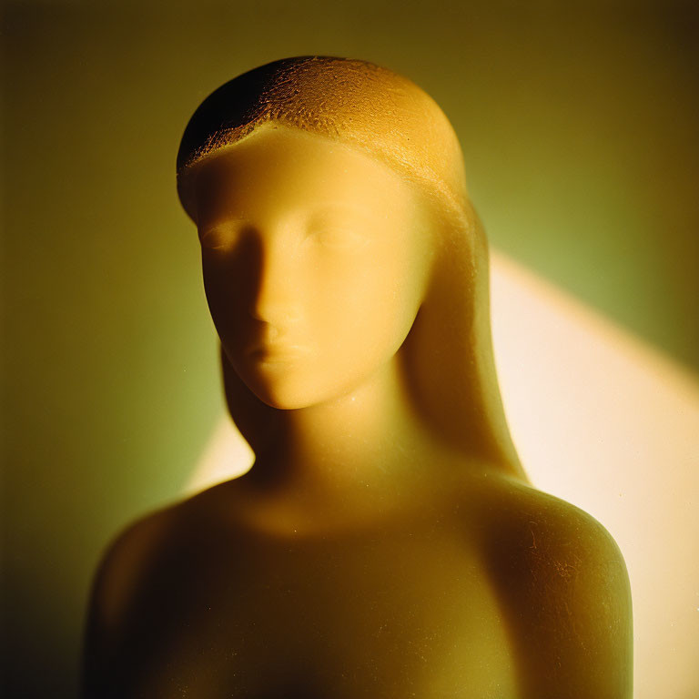 Sculpture of serene female figure in warm-toned photo