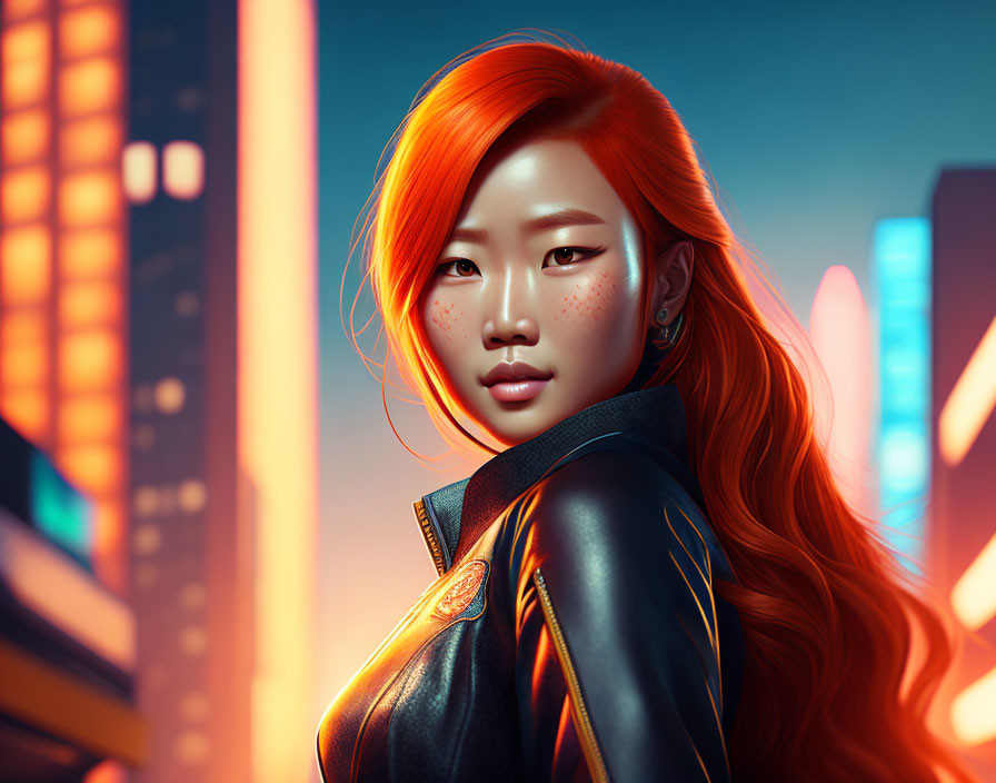 Digital Artwork: Woman with Orange Hair and Freckles in Black Jacket against Cityscape at D